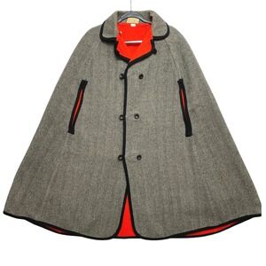 Vintage Wetherall Wool Cape Coat One Size Gray Red Great Britain Herringbone